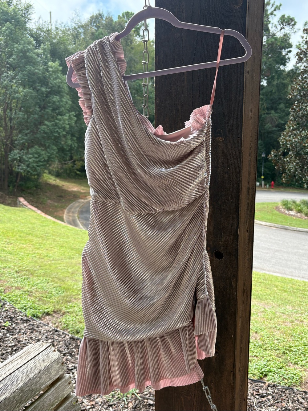 Silvery lavender One-Shoulder Pleated Mini Dress